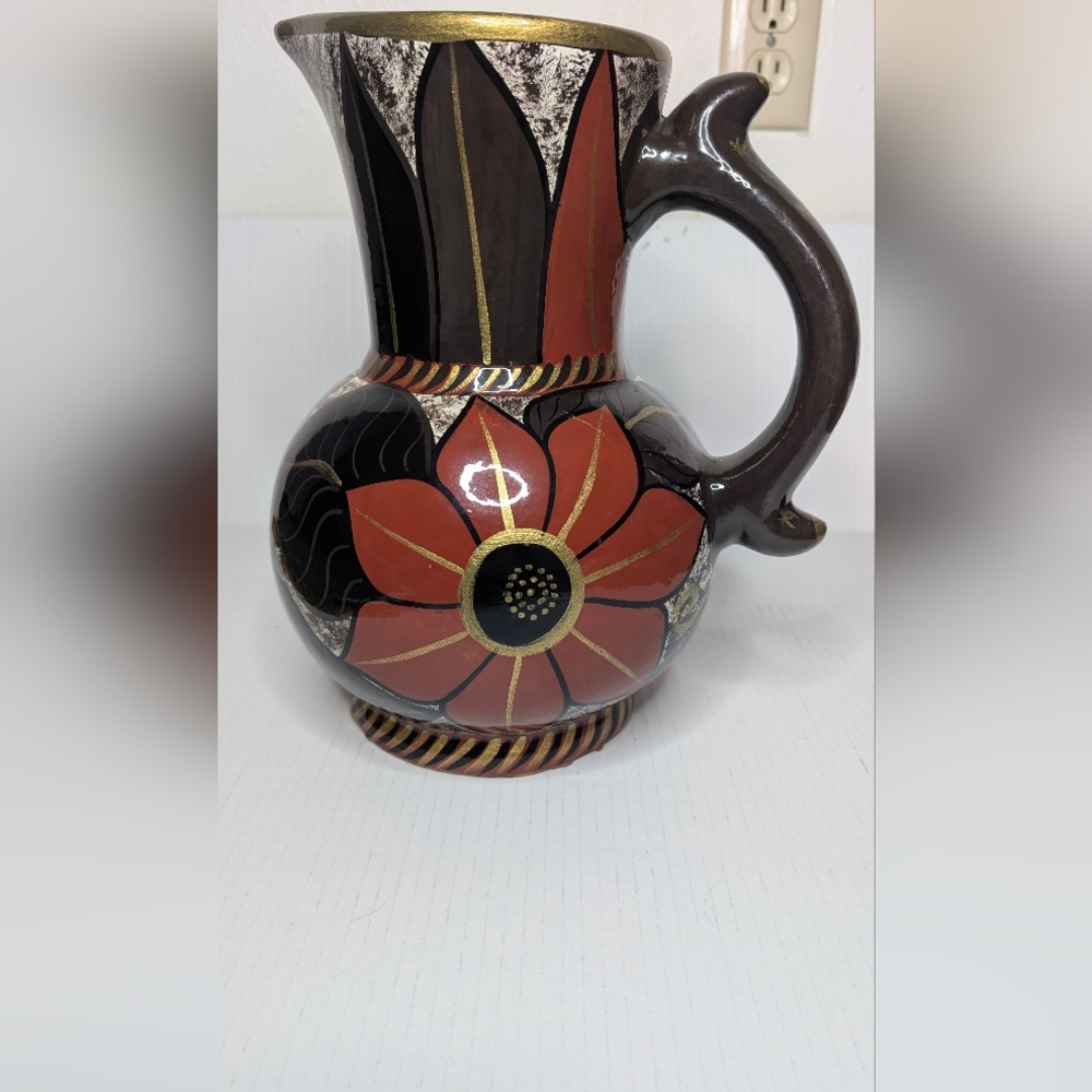 Tuscan Style Ceramic Pitcher Vase Gold Sunflowers Gold Accents